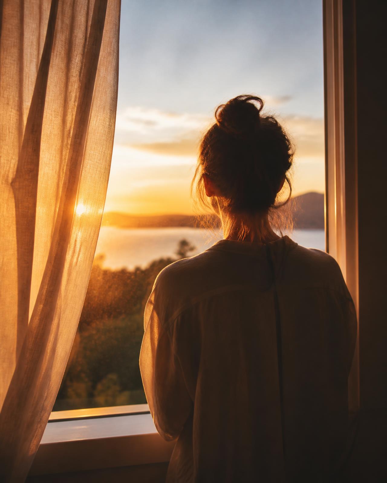 Person standing calmly at a sunlit window at golden hour